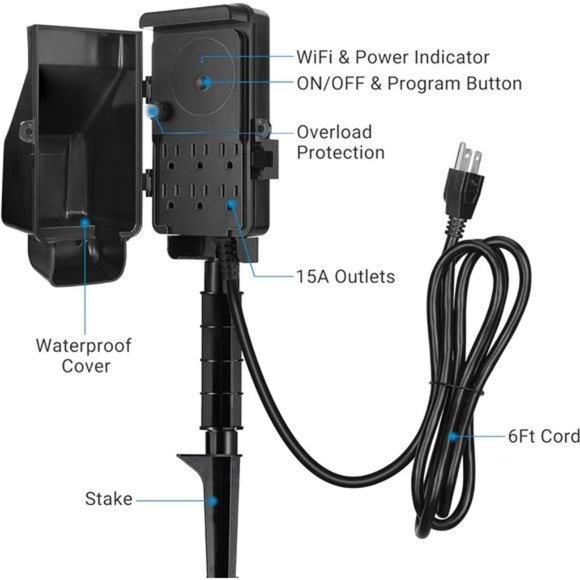 DEWENWILS Outdoor Outlet Timer with 6 Outlets,  Waterproof Power Stake Timer - Picture 2 of 6